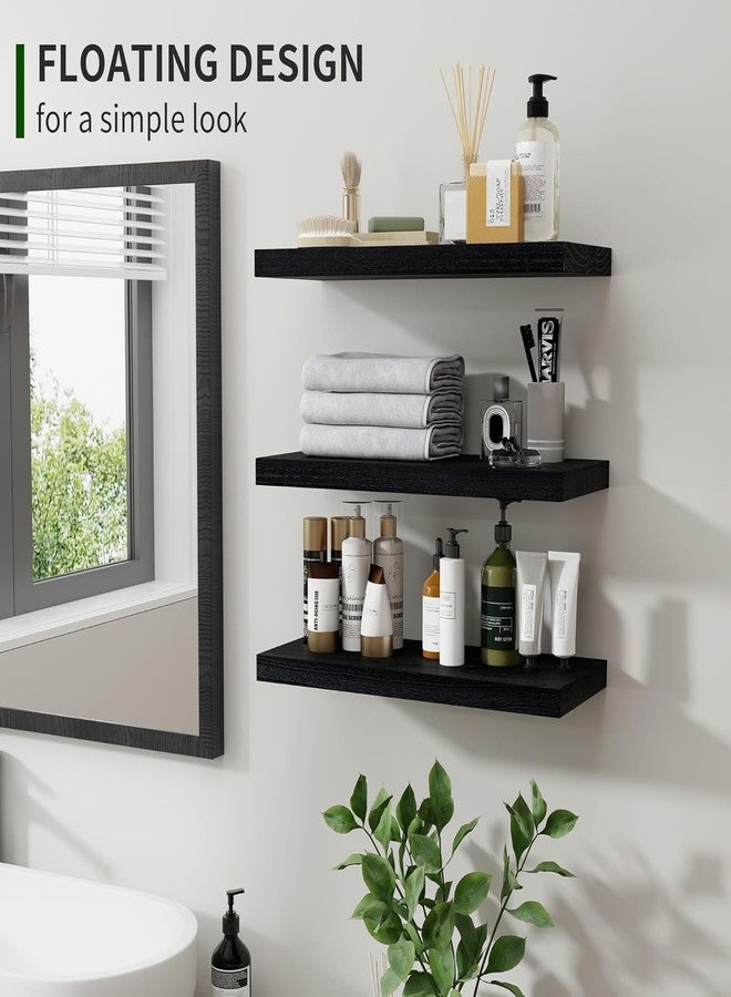 Marsmiles Wood Floating Shelves for Wall Set of 3, 17 Inch Wide Rustic Wooden Floating Shelves, Invisible Wall Mounted Display for Living Room Bedroom Kitchen Bathroom Office, Black - Image 2